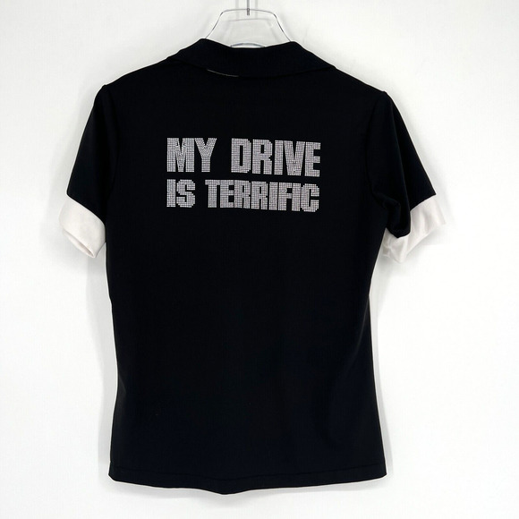 Masters Golf Polo Womens 6 Embellished Saying Athleisure Black White‎ - Picture 2 of 9